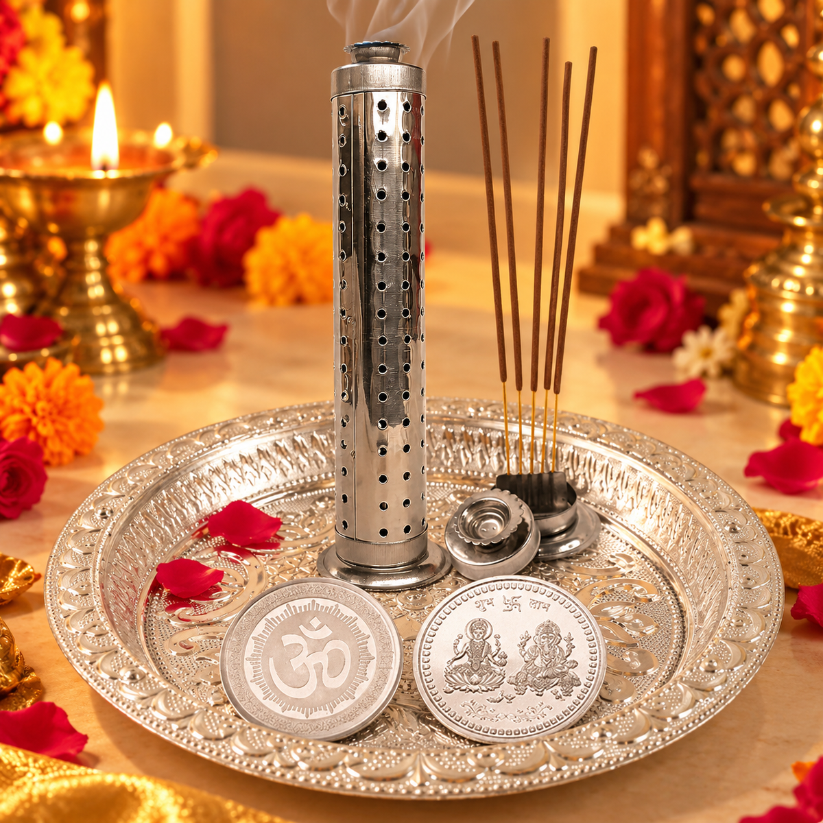 Traditional Pooja Thali Set with Two Coins & Stainless Steel Agarbatti Stand