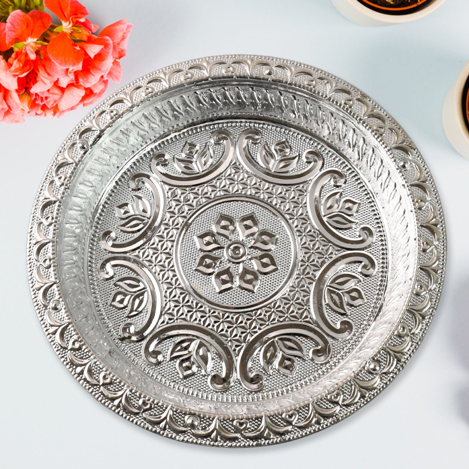 Traditional Silver Finish Plastic Pooja Thali (1 Pc)