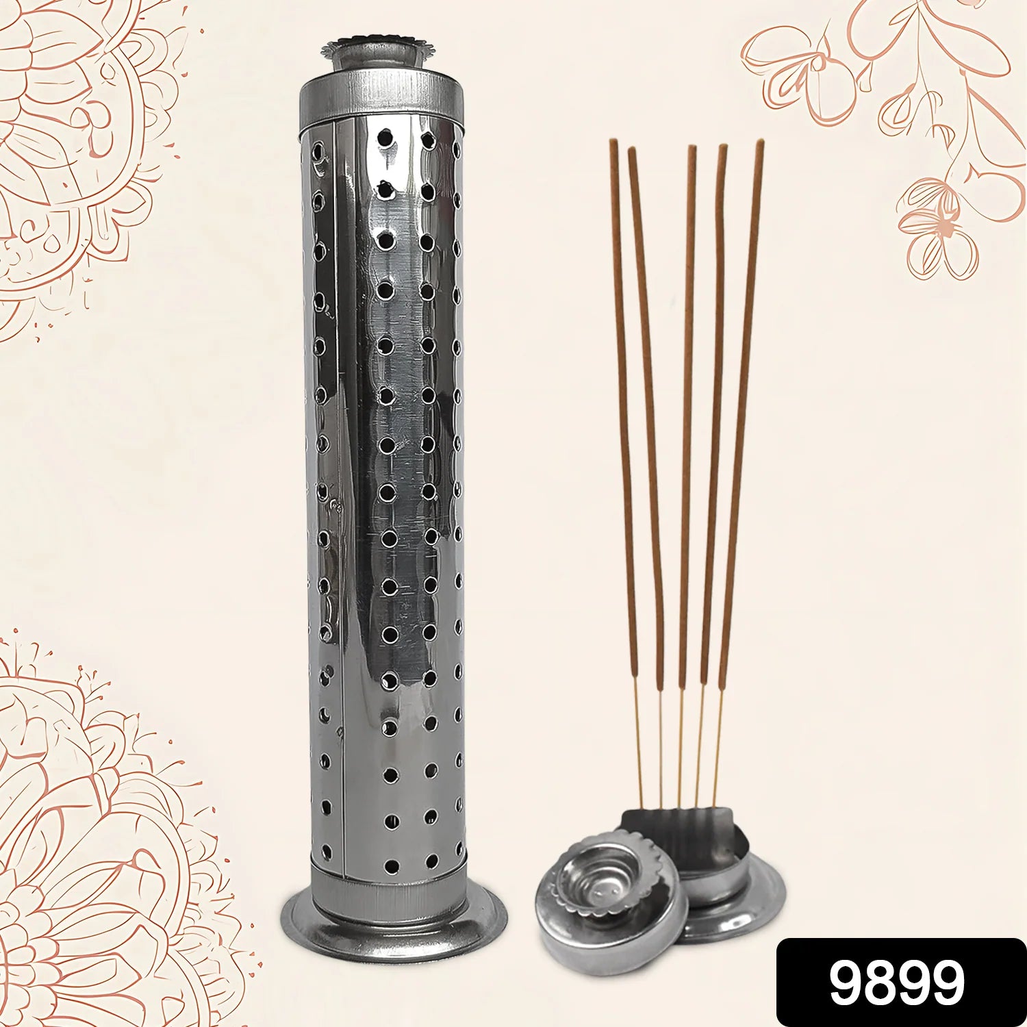 Traditional Pooja Thali Set with Two Coins & Stainless Steel Agarbatti Stand