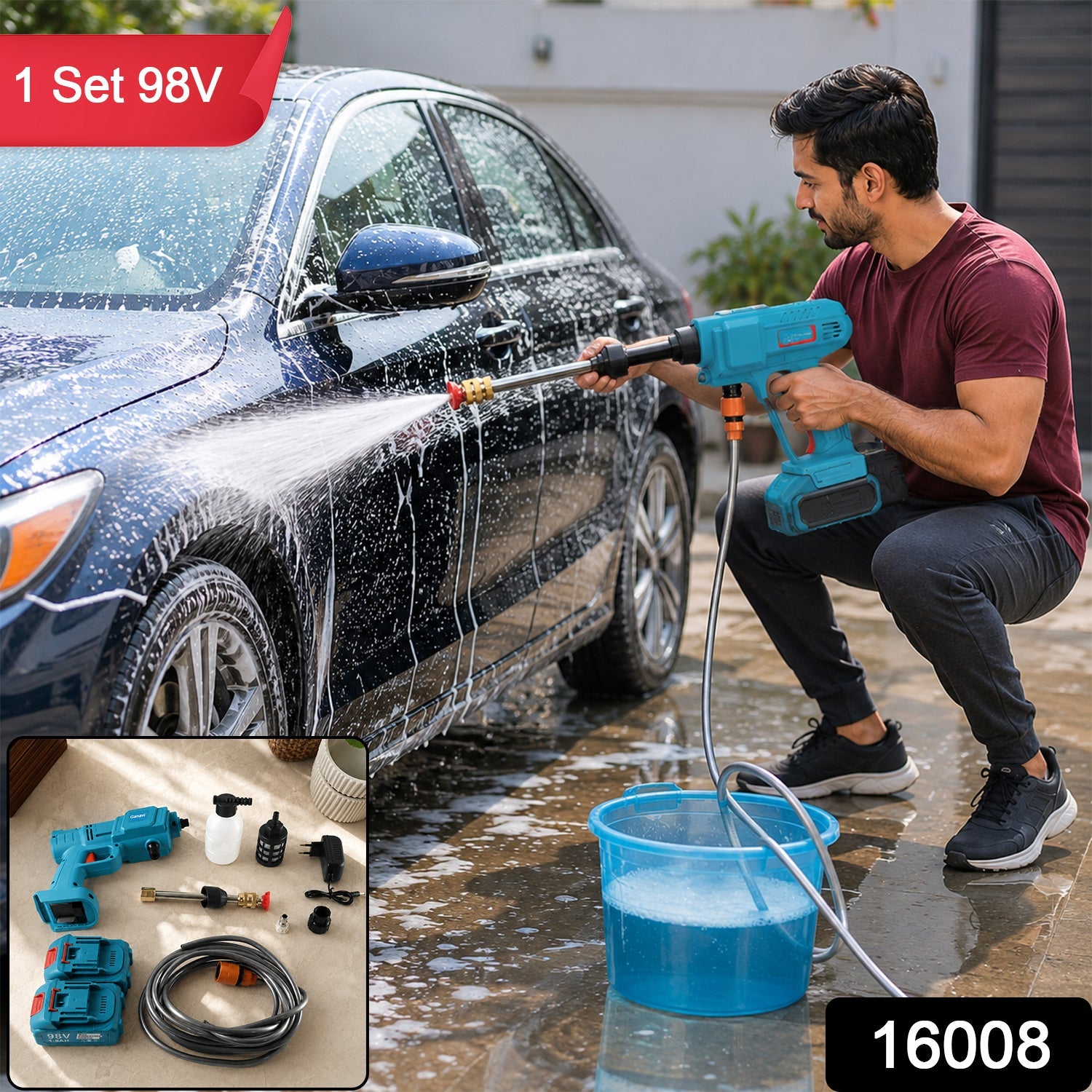 98v High Pressure Wireless Car Washer Kit With Battery And Accessories (1 Set)